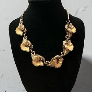VTG Yellow Enamel & Gold Tone Floral Necklace